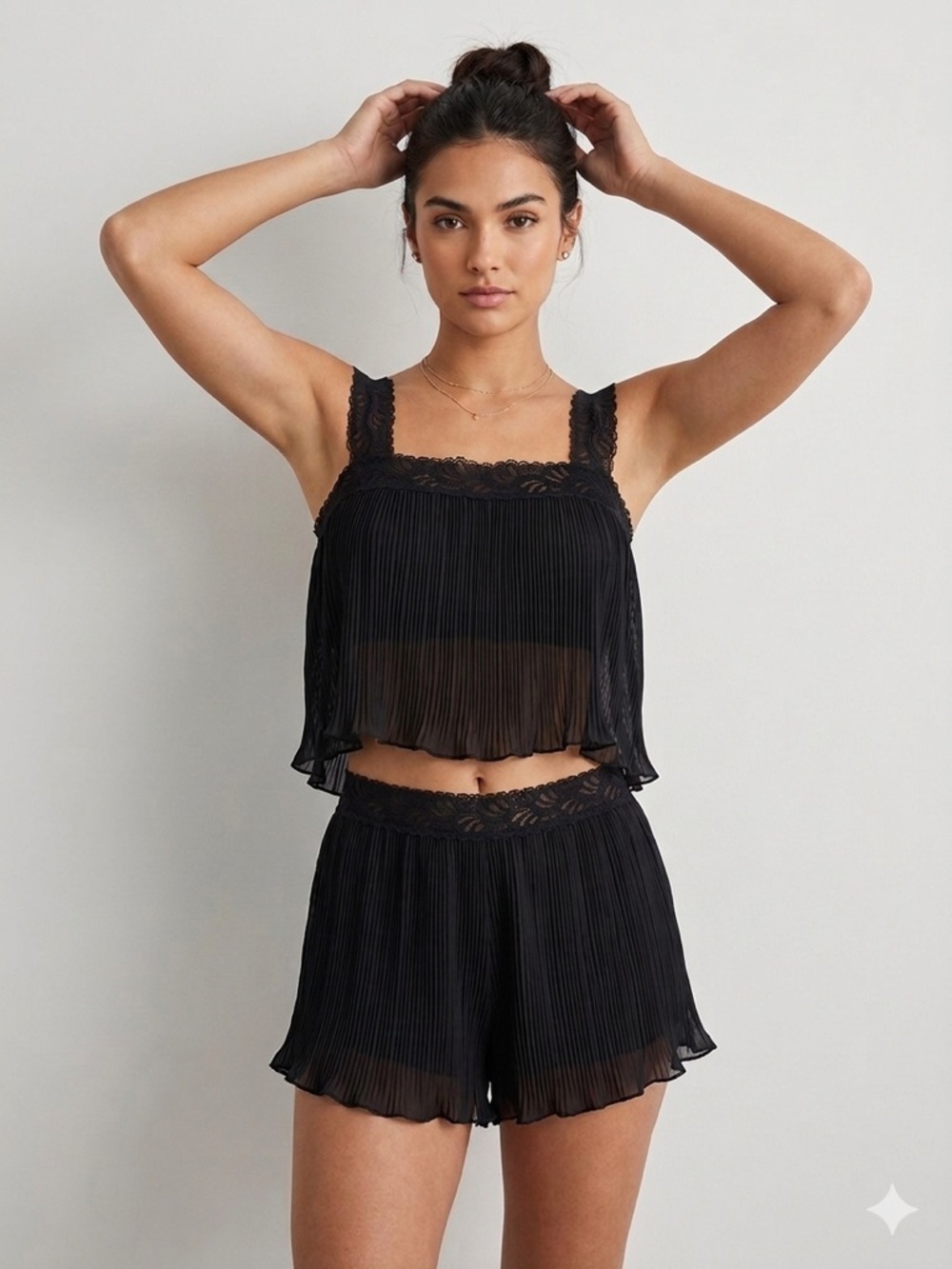 Black Lace Pleated Chiffon Camisole Semi-Sheer Shorts Set - Small / Medium 🇨🇦